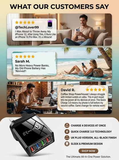 【Device Savior】Four-Port Travel Charger for Extended Phone Battery Life