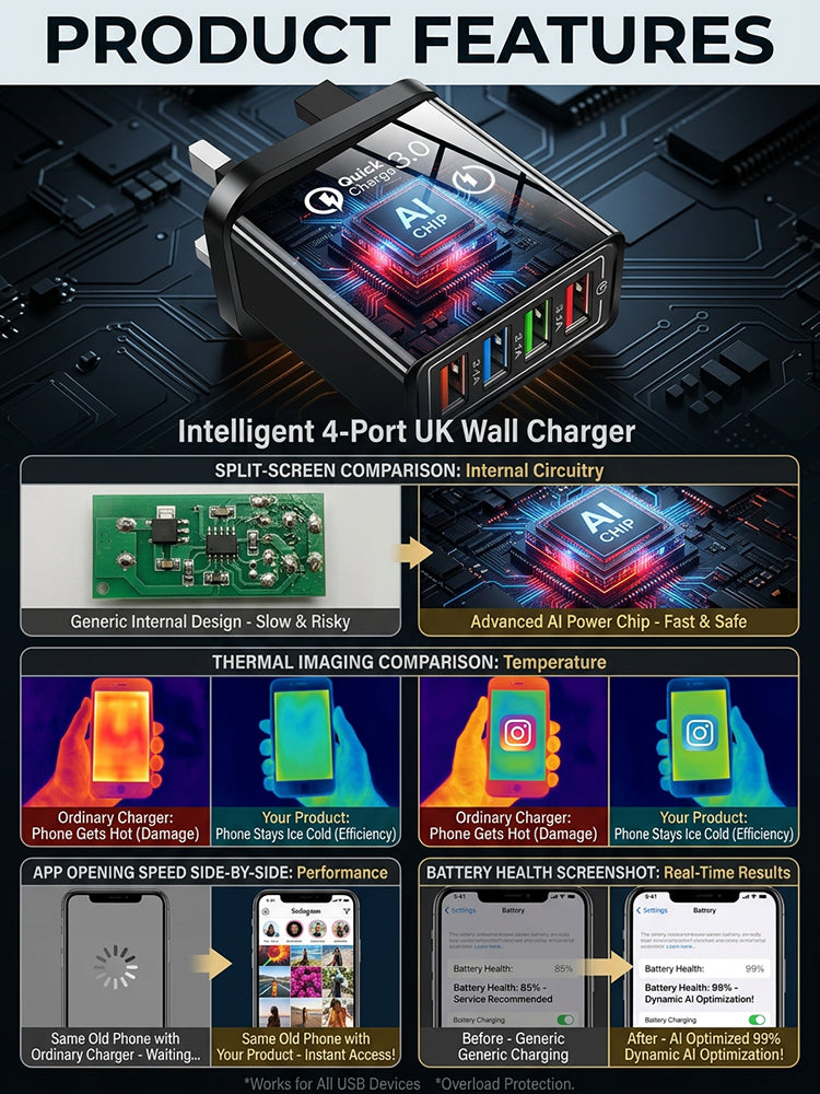 【Device Savior】Four-Port Travel Charger for Extended Phone Battery Life